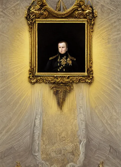 Prompt: highly detailed oil painting | very intricate | cinematic lighting | black, white and gold color scheme, dark background | emperor napoleon by alexander mcqueen | by roberto ferri, by tom bagshaw, by singer sargent and klimt, american romanticism, occult art | by austin osman spare, artstation, cgsociety, official art, octane