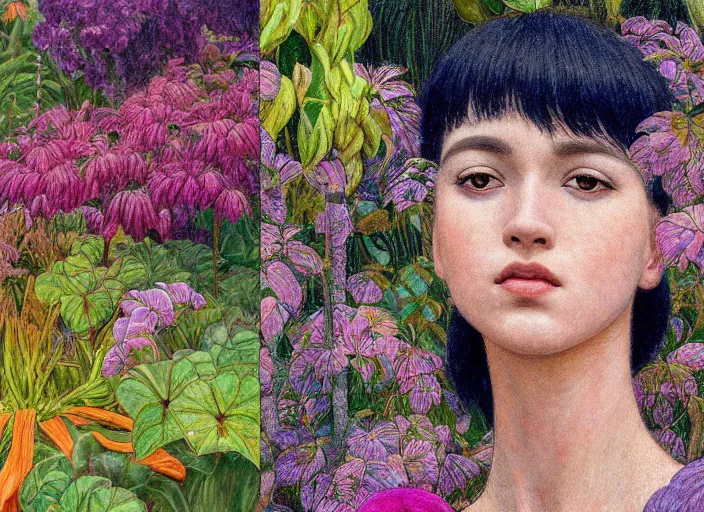 Prompt: gabbie carter, exterior botanical garden, portrait face, colorful, in the style of frantisek kupka, intricate, miles johnston, kuroda seiki, cynical realism, ozabu, john william godward, painterly, yoshitaka amano, moebius, beautiful lighting, miles johnston, klimt, louise zhang, james jean