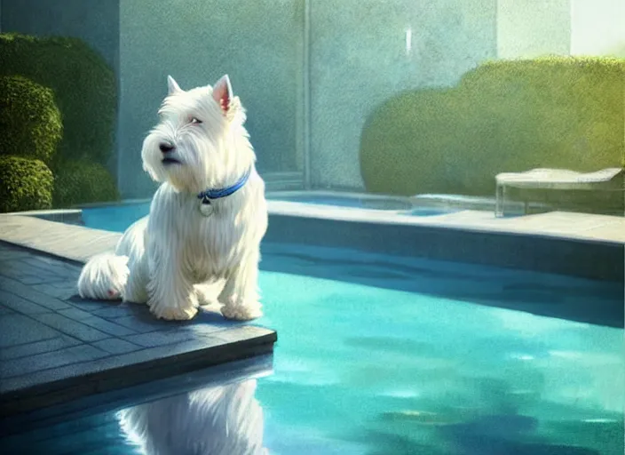 Image similar to west highland white terrier sitting by a pool, bright, reflections, intricate, sharp focus, lens flare, bloom, illustration, highly detailed, digital painting, concept art, matte, art by ruan jia and wlop and greg rutkowski, masterpiece