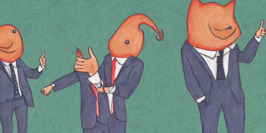 Image similar to an anthropomorphic catfish wearing a suit giving a thumbs up, by lisa hanawalt, by wanda gag