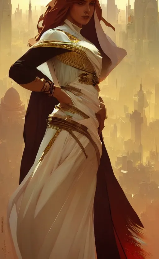 Prompt: a personification of the United Arab Emirates, highly detailed, digital painting, artstation, concept art, sharp focus, illustration, art by greg rutkowski and alphonse mucha