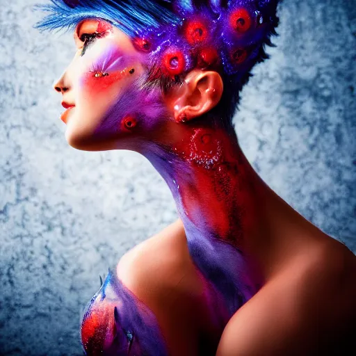 Prompt: young woman in a futuristic nymph costume, striking a pose, intricate hairstyle, professional body paint, portrait photography by Karel Saudek, digital, photoshop, Helios 44-2, high definition, vibrant, eye catching, award winning, 4K UHD