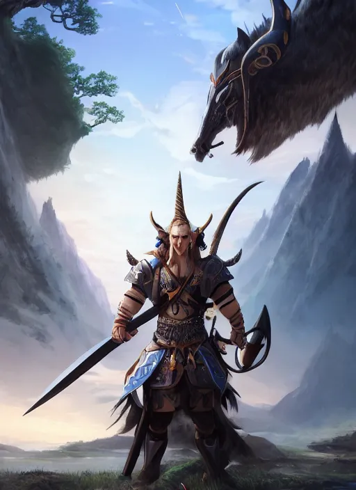 Image similar to handsome young warrior, clean shaven, horns, pointy ears, long hair, epic landscape, realistic anime, highly detailed, unreal engine 5, 8 k, sharp focus, octane render, digital fantasy illustration, by rossdraws, by heise jinyao, trending on artstation,