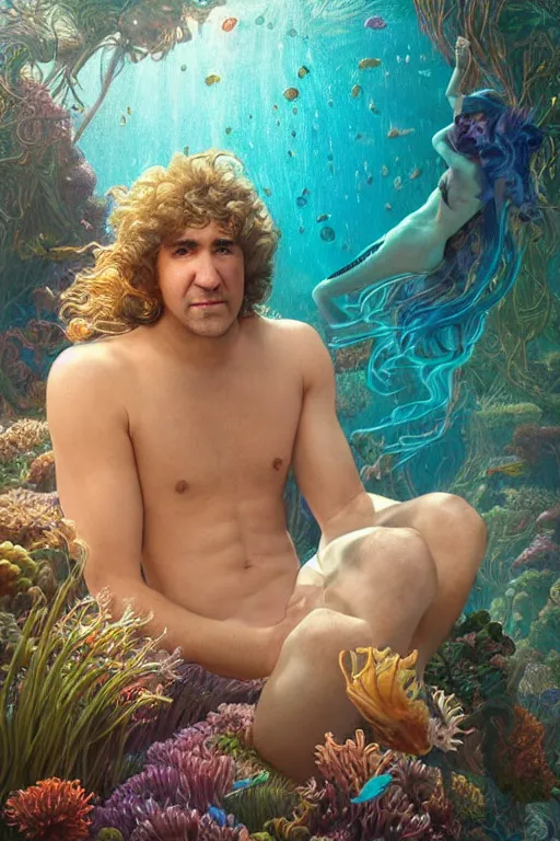 Prompt: photorealistic portrait photograph of stephen hillenburg as an ethereal aquatic merman, upper body, fantasy, handsome, depth of field, soft focus, highly detailed, intricate, realistic, national geographic cover, soft glow, textured, artstation, concept art, sharp focus, illustration, art by artgerm and greg rutkowski and alphonse mucha