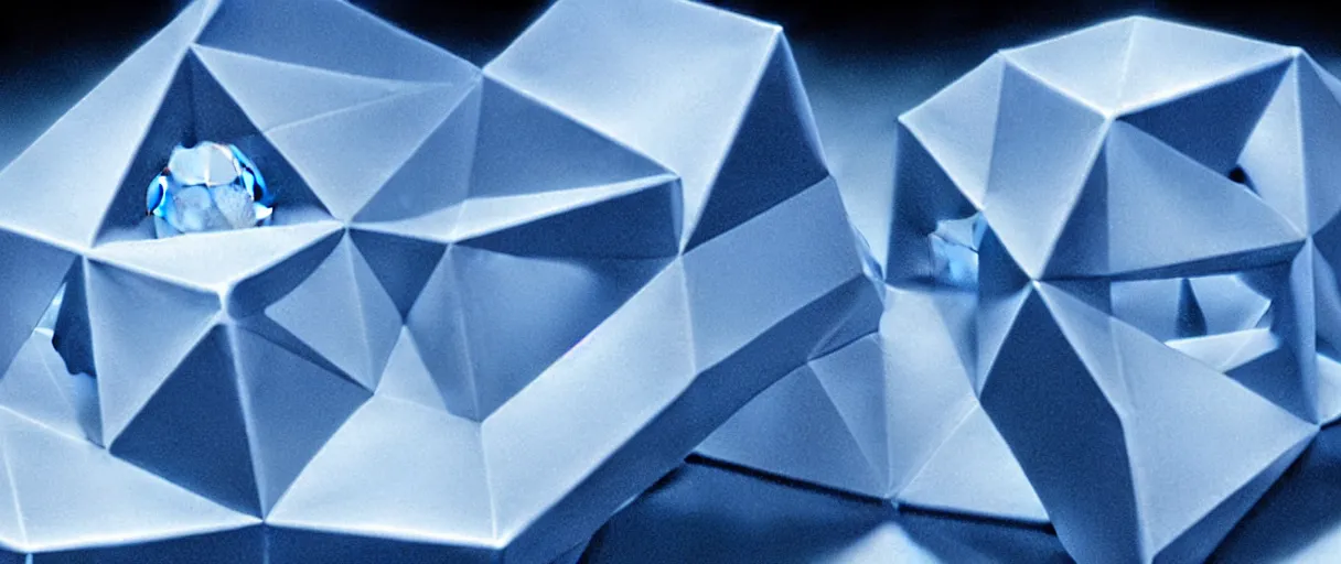 Image similar to hyperrealistic highly detailed Kepler's Platonic solid model impossible object in motion escher dali matte painting dramatic blue lighting wide angle hd 8k sharp shallow depth of field