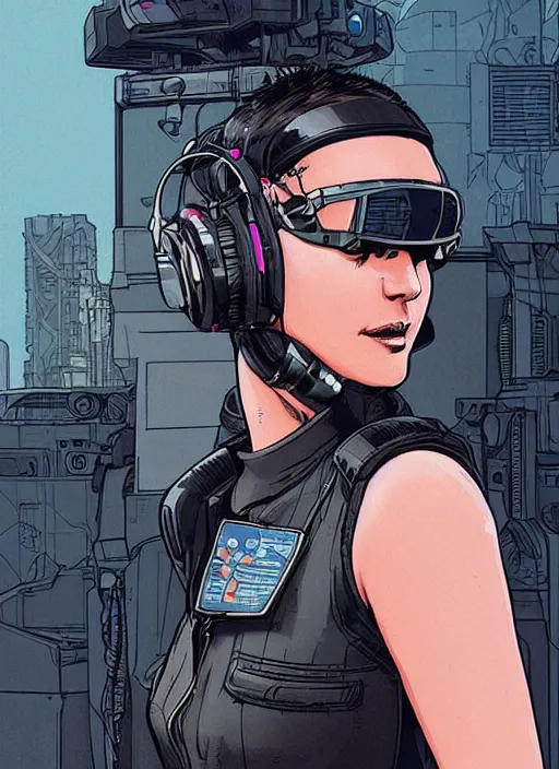 Image similar to Feminist Maria. Gorgeous female cyberpunk mechanic wearing a cyberpunk headset, military vest, and pilot jumpsuit. gorgeous face. Realistic Proportions. Concept art by James Gurney and Laurie Greasley. Moody Industrial skyline. ArtstationHQ. Creative character design for cyberpunk 2077.