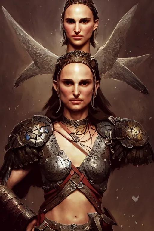 Image similar to natalie portman, legendary warrior, heroic, lord of the rings, tattoos, decorative ornaments, battle armor, by carl spitzweg, ismail inceoglu, vdragan bibin, hans thoma, greg rutkowski, alexandros pyromallis, perfect face, fine details, realistic shading photorealism