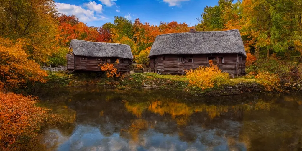 Image similar to a wooden cottage by the river with a bridge connecting to it, portrait, highly detailed, autumn, falling leaves, cozy, 8 k,