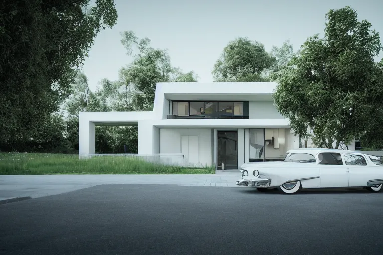 Image similar to a house in the 1950's future house, retrofuturim, lawn, trees, white picket fence, futuristic car parked on the driveway, realistc octane render, depth of field, soft lighting, 8k