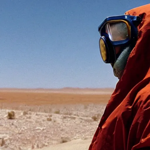 Prompt: a man wearing a hazmat suit and goggles, in the desert, film still, directed by vince gilligan