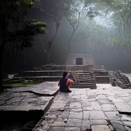 Prompt: explorer observing the ruins of an ancient Mayan city covered by jungle in a humid environment with medium light, humid atmosphere, minimalist art, reslist