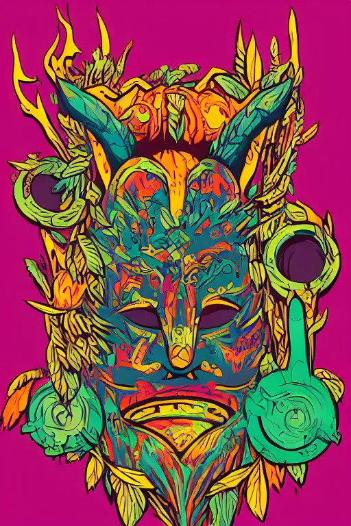 Image similar to animal mask totem roots flower tribal feather gemstone plant wood rock shaman vodoo video game vector cutout illustration vivid multicolor borderlands comics by josan gonzales and dan mumford radiating a glowing aura