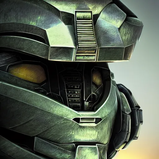 Prompt: Symmetrical helmet of master chief from HALO with exquisite ornate details, stunning lighting, highly detailed, ultra realistic, octane render, IMAX