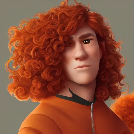 Image similar to illustration of curly orange hair men as a pixar film poster, cool pose, smooth, intricate, octane, reflects, masterpiece artwork, ultra detailed, artgerm, digital art, trending on artstation, behance, deviantart