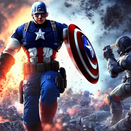 Image similar to donald trump as captain america in gears of war, splash art, maga, patriot, detailed face, movie still, cinematic lighting, dramatic, glowing, ray tracing, octane render, long lens, shallow depth of field, bokeh, anamorphic lens flare, 8 k, hyper detailed, 3 5 mm film grain