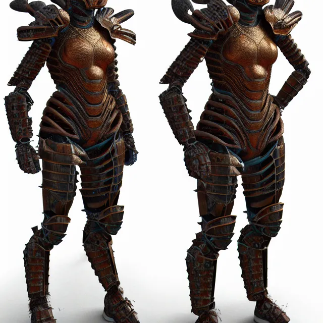 Image similar to full body photo of a beautiful cute strong warrior queen wearing insectoid armour, highly detailed, 8 k, hdr, smooth, sharp focus, high resolution, award - winning photo