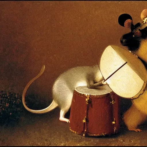 Image similar to mouse with drum, forrest background, by carl spitzweg, close up