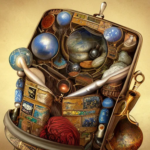 Image similar to universe inside ampoules and alambics in a surreal ancient doctor's bag, intricated detailed, soft painting, depth of field, trending on artstation