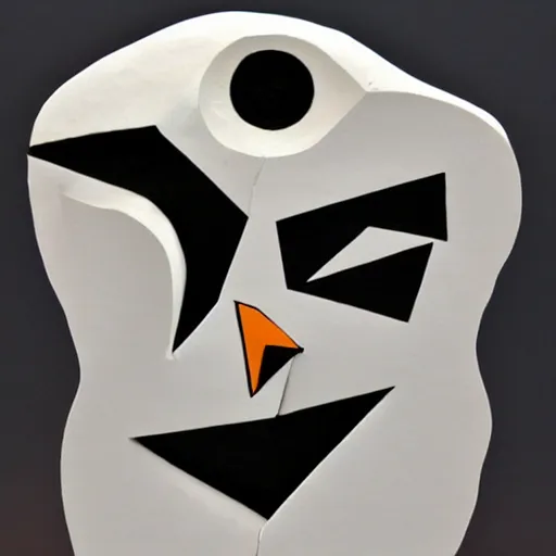 Prompt: cubist sculpture of a white owl black on white