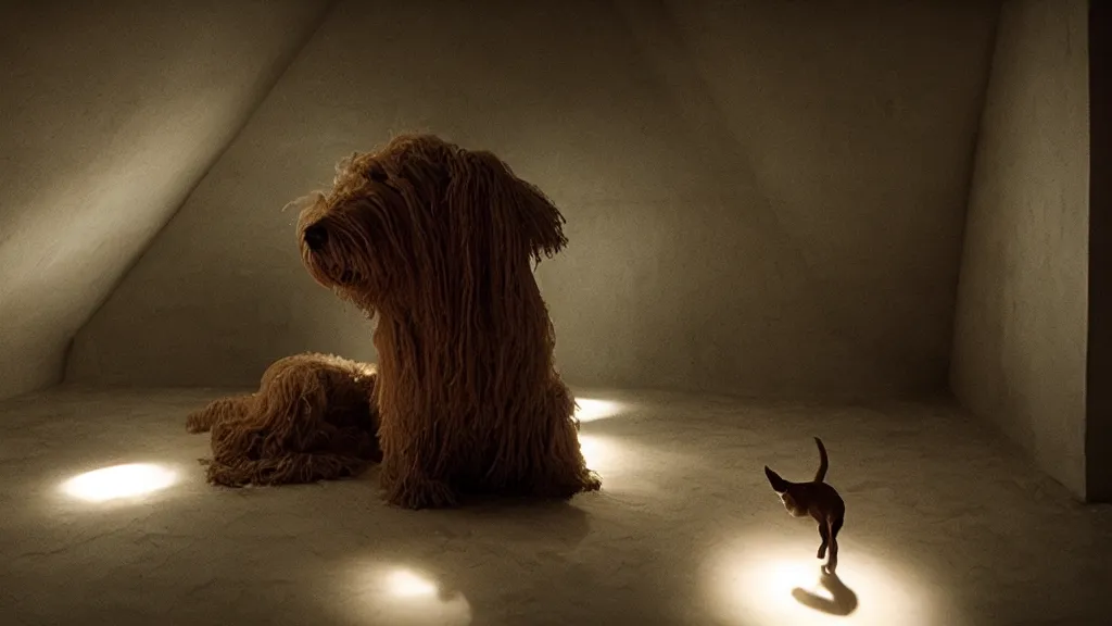 Image similar to the strange dog in the attic, made of wax and water, film still from the movie directed by Denis Villeneuve with art direction by Salvador Dalí, wide lens