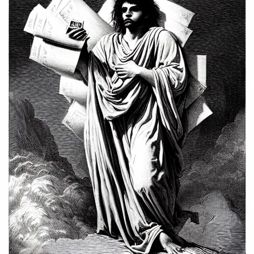 Image similar to lucki rapper ascending into heaven holding stacks of cash, biblical image, style of gustave dore, highly detailed, beautiful, high contrast, black and white