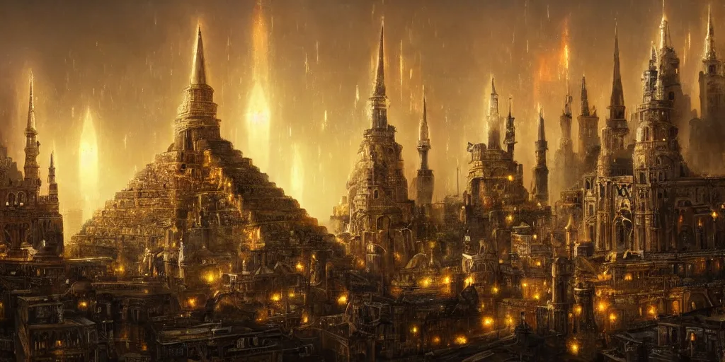 Image similar to magical city of the Great Tartarian Empire adorned with amazing lost technology, lighting resembling fireflies, spires from rooftops collecting and distributing etheric energy, the centerpiece of the city is a colossal ancient pyramid made of metal, cityscape, combining intense detail & utmost quality, Christian Hecker, Artstation, - H 832