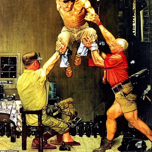 Image similar to the replicant sapper morton from blade runner lifts someonegrandmother above his head just to show how strong he is, painted by norman rockwell and tom lovell and frank schoonover