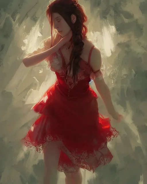 Image similar to aerith gainsborough in red lace skirt, portrait, illustration, rim light, top light, perfectly shaded, soft painting, art by krenz cushart and wenjun lin