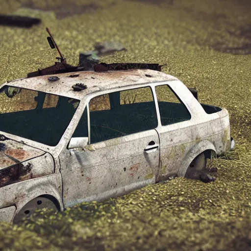 Prompt: Lowpoly isometric render of a rusty overgrown Volkswagen Golf, postapocalyptic, white background