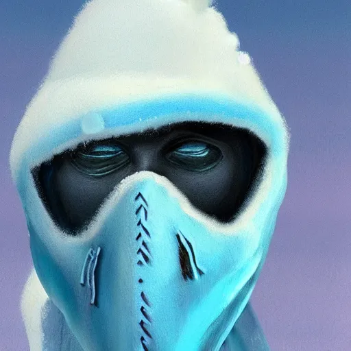 Prompt: fantasy snow bandit ‘ icewind dale ’ with mask, blue palette, snow scene, ‘ icewind dale 2 ’ profile portrait by ‘ justin sweet ’, falling snow, soft focus, illustrated, oil paint