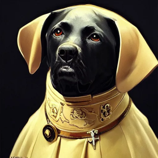 Prompt: oil painting portrait of black thin and young anthropomorphized labrador dog wearing royal clothes, highly detailed, digital painting, artstation, sharp focus, art by leyendecker and greg rutkowski and alphonse mucha