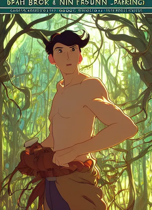 Image similar to book cover design, man in a forest, natural lighting, path traced, highly detailed, high quality, cartoon, digital painting, by don bluth and ross tran and studio ghibli and alphonse mucha