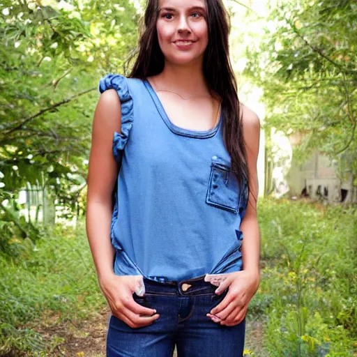 Prompt: the girl is wearing a tank top, with sleeves cut off, blue three pocket jeans