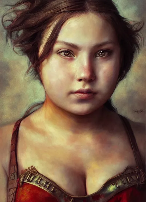 Image similar to hyper realistic painting of medieval chubby beautiful warrior girl, full body, rule of thirds, conceptart, saturated colors, jean baptiste monge