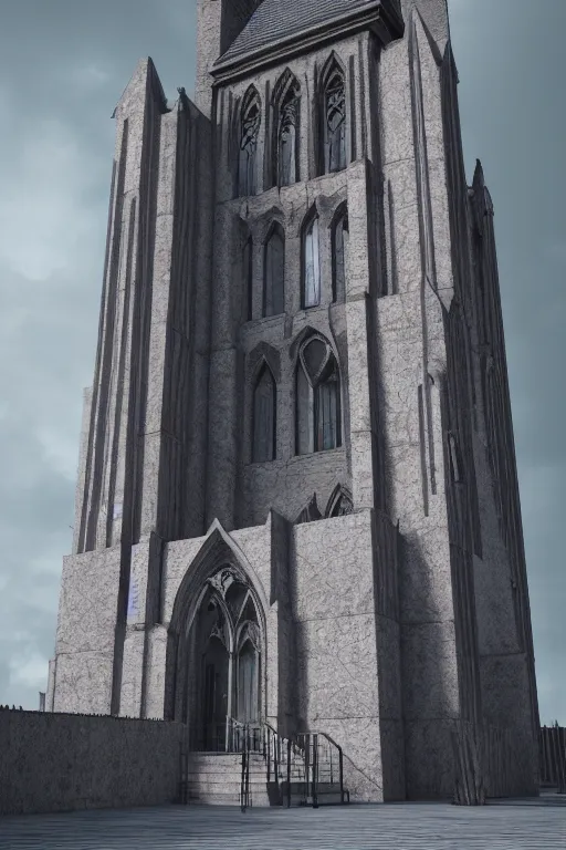 Prompt: Slate gray Gothic tower, stairs, rainbow stained glass windows, iridescent, octane render, hyper realistic, detailed