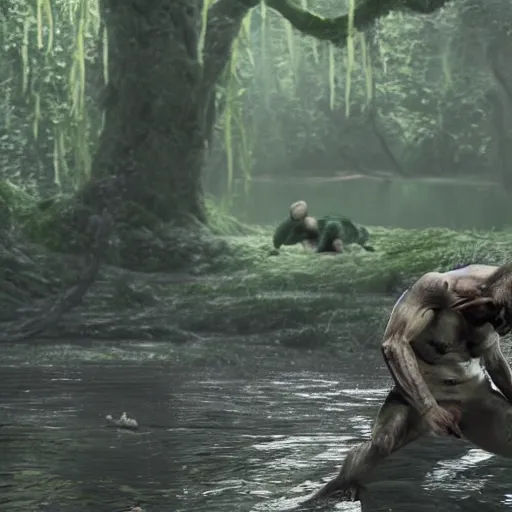 Image similar to Zelenskiy fights gollum on swamp, thunderstorn, realistic , 8k,