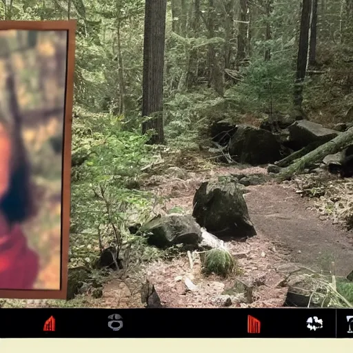 Prompt: A screen capture of found footage video left behind by missing hiker in 1986