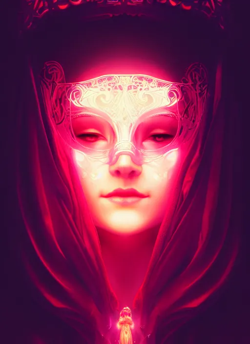 Prompt: centered portrait of a beautiful woman wearing a venetian mask, intricate concept art, ethereal, highly detailed, artstation, smooth, darksynth, cinematic, mist, dramatic neon lighting, illuminated glowing lines, outrun, vaporware, by ruan jia and ilya kuvshinov and liam wong and alphonse mucha