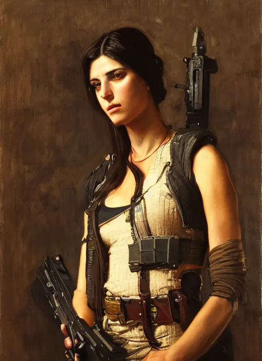 Image similar to Maria. beautiful cyberpunk mercenary wearing military vest. Iranian orientalist portrait by john william waterhouse and Edwin Longsden Long and Theodore Ralli and Nasreddine Dinet, oil on canvas. Cinematic, hyper realism, dramatic lighting, high detail 4k