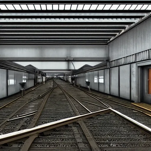 Image similar to 2 point perspective hyper realistic urban japanese train yard