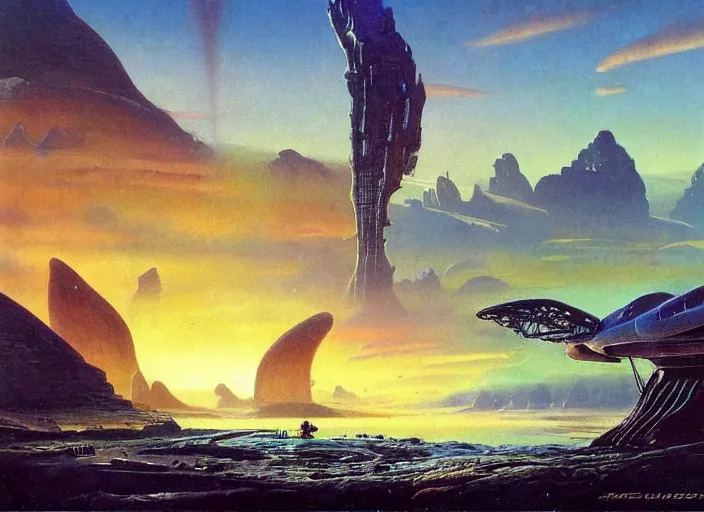 Image similar to a spaceship in a stunning landscape by bruce pennington