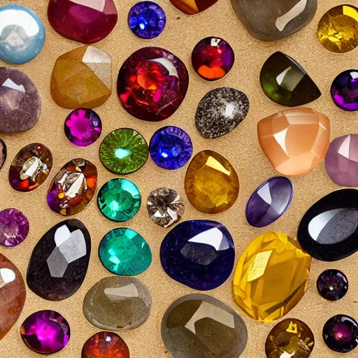 Prompt: roughly circular precious stones of different colours and materials laid out in a regular pattern