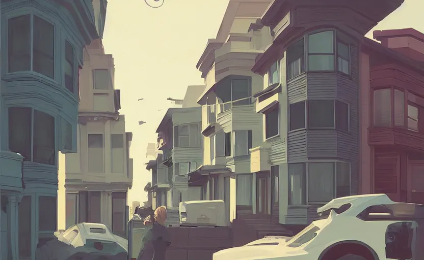 Image similar to a front view san francisco neighborhood illustration by atey ghailan, trending on artstation