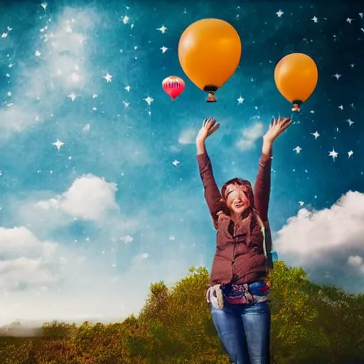 Image similar to smiling hippy, balloon journey, pulp adventure, flying camp, dark moody night sky, fluffy clouds of subtle opacity, cozy cabin, flying high, gradient aperture