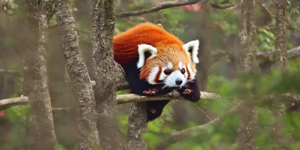 Image similar to a red panda in a serene forest, cherry trees Japanese forest, beautiful landscape