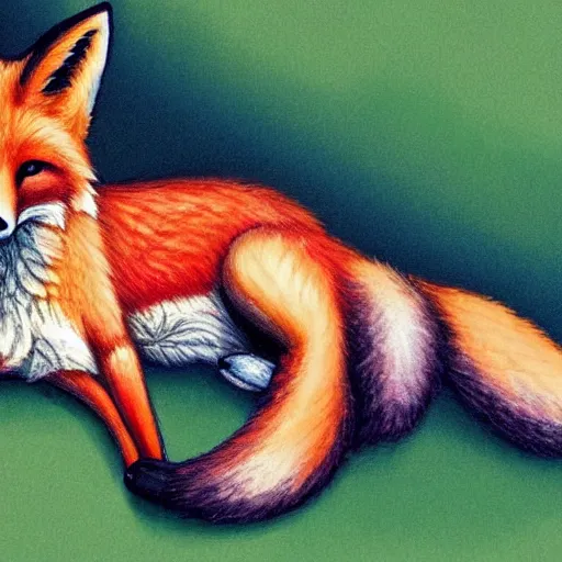 Image similar to a fox laying back relaxing, dreaming of infinity, elegant color palette