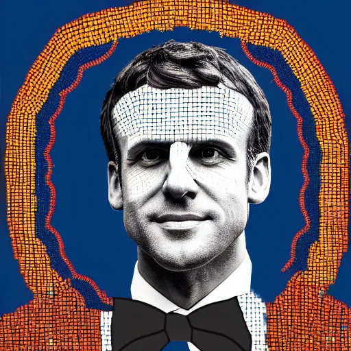 Image similar to portrait mosaic of Emmanuel macron as a robot, 4k, intricate details, digital, sun in the background