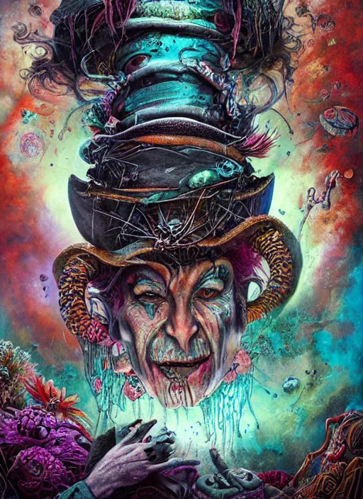 Image similar to mad hatter, mayan god, alien, highly detailed, cinematic, 8 k, by megan duncanson, benjamin lacombe, adrian borda, stanley artgermm, tom bagshaw, craig mullins, carne griffiths, ayami kojima, beksinski, giger, trending on deviantart, hyper detailed, horror, full of colour