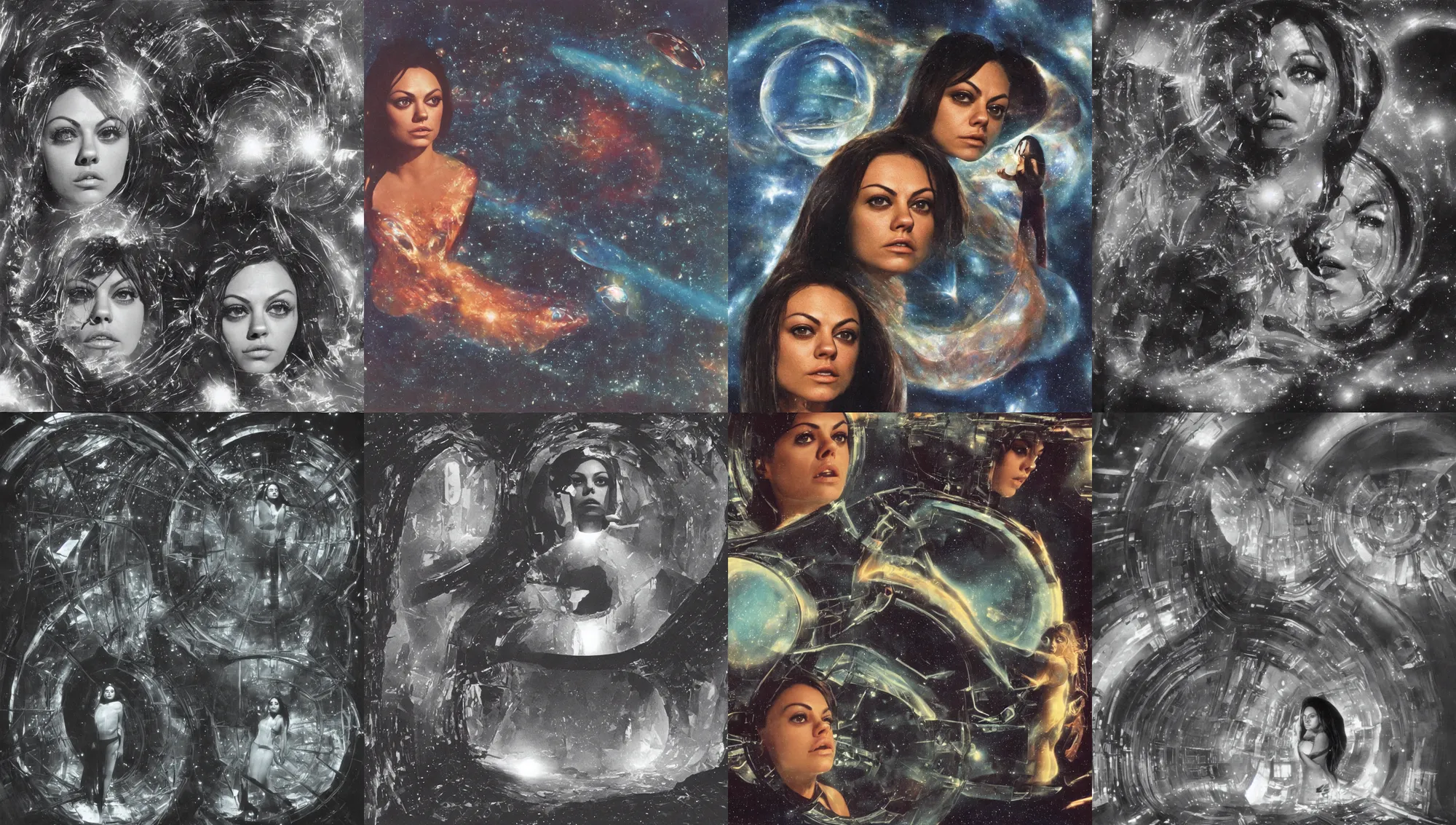 Prompt: close face portrait of Mila Kunis in suspended animation, derelict space ship, saturated nebula through large windows, 1970, Ludek Pesek, Rick Guidice, Chesley Bonestell, Lucien Rudaux, Rolf Klep, Fred Freeman, George Pal