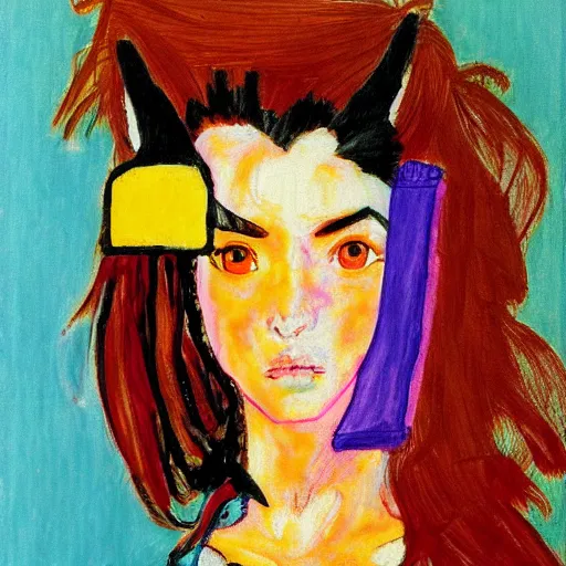 Image similar to colorful anime girl painted in the style of egon schiele